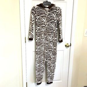Girls Hooded Zebra Striped Hoodie Onesie. Fleece. Size 14 Brown. Pajamas. Zipper
